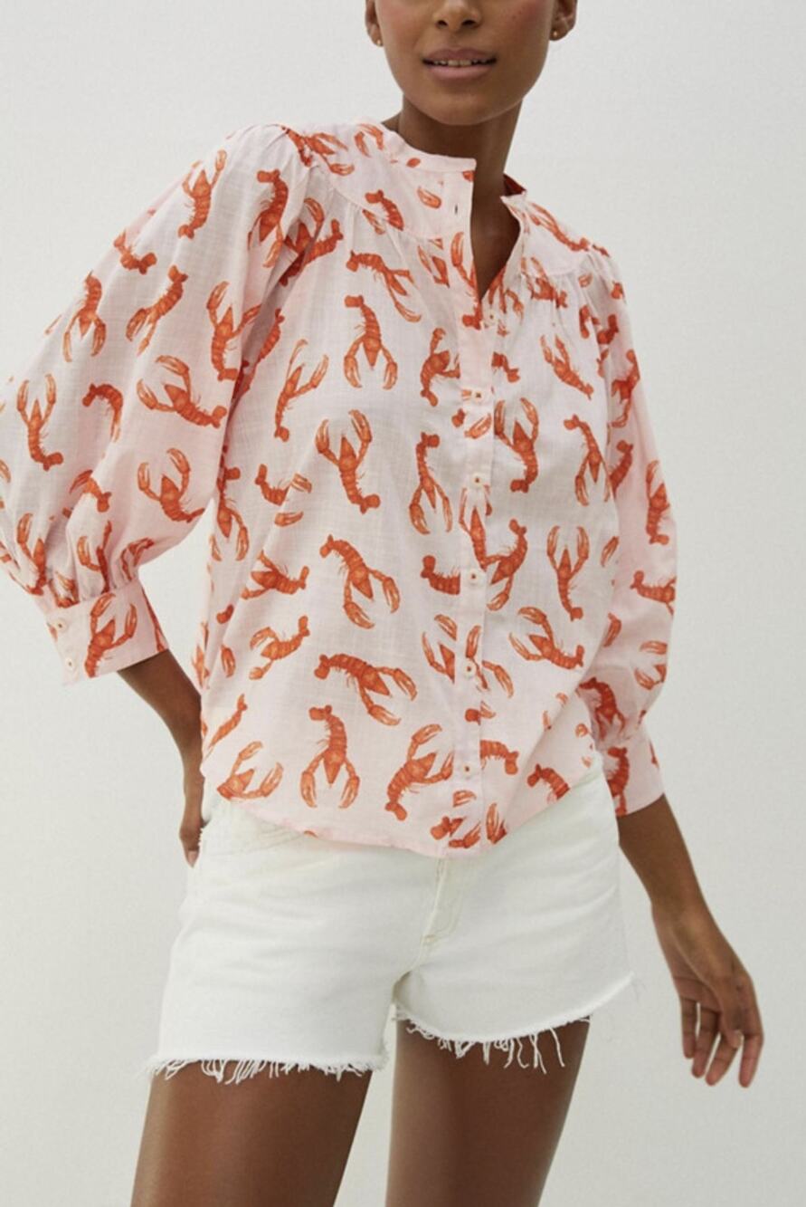 Anthropologie Pink Button-Up Blouse with Orange Lobster Print